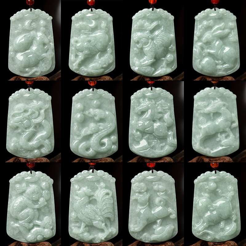 Natural Burmese Type A light green jadeite large - sized Chinese zodiac pendants, glutinous - rice - like jade Chinese zodiac hanging ornaments