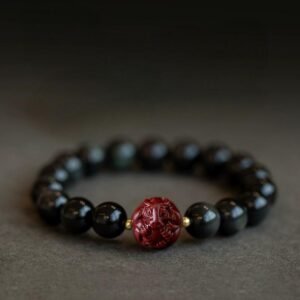 Obsidian and cinnabar bracelet, Chinese zodiac animal bracelet for people in their zodiac year, unisex bracelet for people in the zodiac year of Ox, Tiger, Rabbit, couple's jewelry