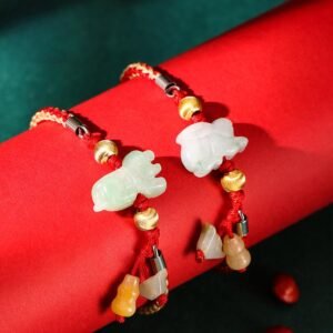 Silver 925 Jadeite Type A Zodiac Red Rope Bracelet, Rabbit Year, Mak Ling-ling Auspicious Red Hand-woven Bracelet