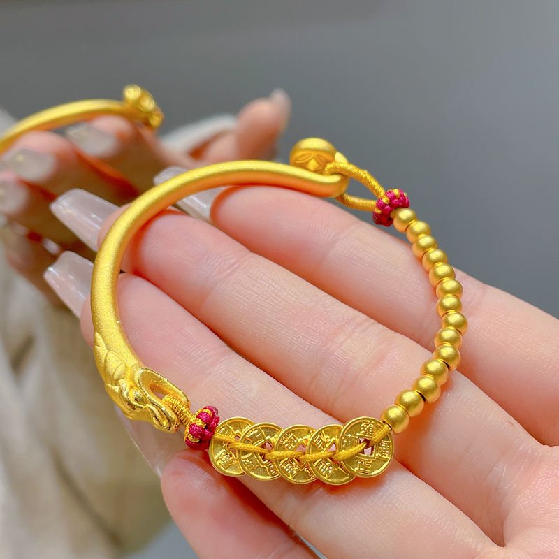 Ancient method gold - colored Five Emperor Coins snake - shaped half - bracelet and hand chain for women, a new retro and luxurious style, a snake - themed bracelet for those in their zodiac year, a New Year's gift - Image 2