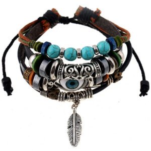 Alloy feather pendant, beaded cowhide bracelet, braided leather bracelet jewelry