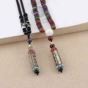Ethnic style necklace, Six-character Mantra sweater chain, Nepalese peace pendant, versatile wooden bead Buddhist beads, linen accessories for men and women