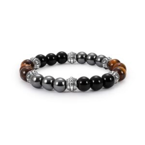 Black Black Glass Tiger's Eye Alternating Alloy Bracelet - European and American Fashion Black Onyx Jewelry