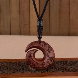 Ethnic style retro sandalwood "fortune turns" high-end pendant long necklace, simple and versatile couple sweater chain accessory