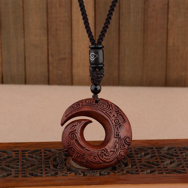 Ethnic style retro sandalwood "fortune turns" high-end pendant long necklace, simple and versatile couple sweater chain accessory