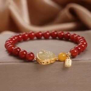 South Red Agate Beaded Bracelet for Women, 14k Gold Inlaid Jade Buddha Bracelet, Bangle Jewelry
